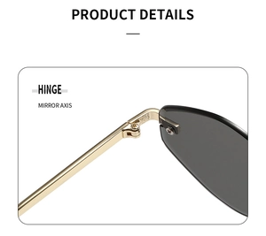 Detail of high-quality metal hinge and frameless rimless lens on stylish sunglasses