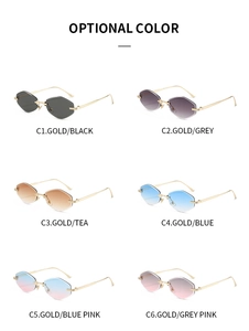 Matrix showing six optional colors of rimless hexagonal sunglasses with gold metal temples
