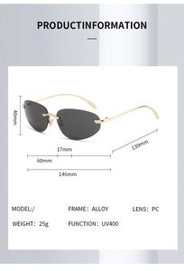 Spécifications de taille pour lunettes de soleil ovales Y2K sans monture avec mesures