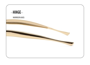 Detailed macro view of the golden metal hinge and curved temple on trendy oval sunglasses