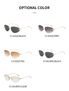 Cinq lunettes de soleil ovales sans monture en métal doré et argenté aux verres variés