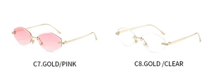 Detail view of rimless octagonal sunglasses in pink gradient and clear lens options