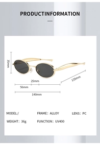 Detailed size specifications for oval sunglasses with UV400 alloy frame measurements
