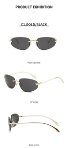 Vue sous trois angles de lunettes Y2K sans monture avec cadre doré et verres ovales noirs