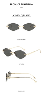 Three-angle product view of rimless diamond-cut sunglasses with gold frames and dark lenses