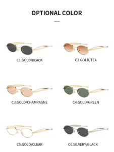 Detailed view of six color options for oval metal frame sunglasses in a matrix layout