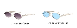 Detail of oval metal sunglasses showing C7 silver grey and C8 silver blue variants