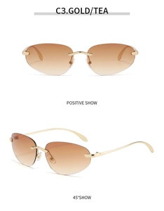 Détail de lunettes de soleil ovales sans monture, verres dégradés thé et branches or