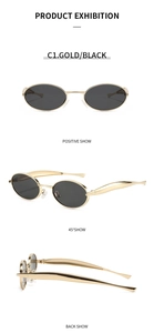 Detailed views of oval gold metal sunglasses with black lenses from multiple angles