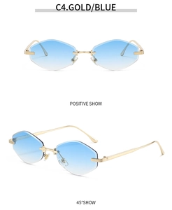 Front and 45-degree angle view of rimless gold sunglasses with blue gradient lenses