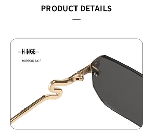Detail view of gold S-shaped wave metal hinge and mirror axis on rimless sunglasses