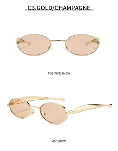 Detail view of oval gold metal sunglasses with champagne lenses in two perspectives