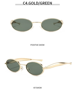 Detailed views of retro oval gold metal sunglasses with dark green lenses and wide temples