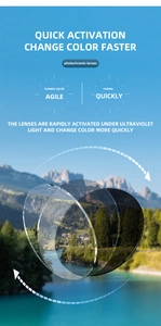 Detail of photochromic lenses changing from clear to dark grey for rimless sunglasses