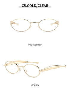 Detail view of oval metal sunglasses frame in gold with clear lenses and 45-degree angle show