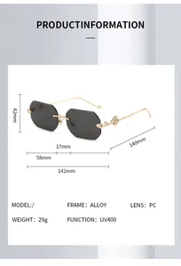 Detailed size chart for rimless octagonal sunglasses with UV400 alloy frame specifications