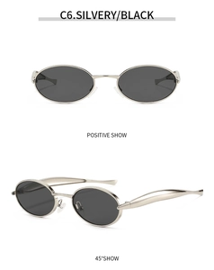 Front and side views of oval silver metal sunglasses with black lenses in C6 colorway