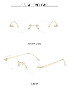 Front and 45-degree angle views of rimless gold sunglasses with luxury diamond-cut lenses
