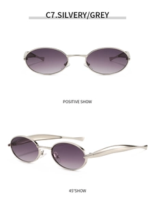 Dual view of oval silver metal sunglasses with grey gradient lenses and retro style