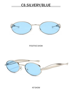 Detailed front and side views of oval metal sunglasses with silver frames and blue lenses