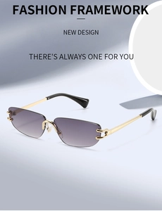 Detail of rimless gradient sunglasses with gold metal frame and C-shaped hinge