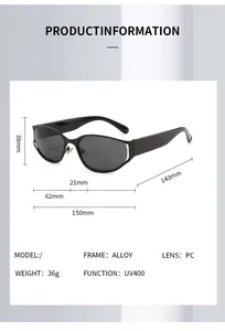 Detailed size specifications for futuristic oval sunglasses with UV400 lens and metal frame