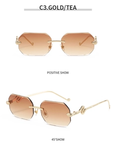 Detail of rimless polygon sunglasses featuring golden snake-shaped metal temples and tea lenses