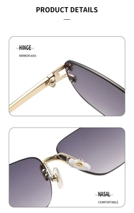 Detail view of gold metal hinges and soft silicone nose pads on rimless gradient sunglasses