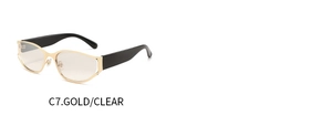 Detail view of oval futuristic sunglasses in C7 gold metal frame with clear lenses