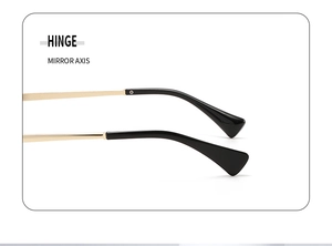 Detailed close-up of golden metal hinges and smooth black temples on rimless sunglasses