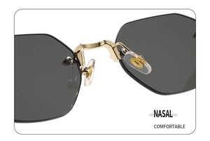 Détail des plaquettes de nez en silicone et du pont métallique de lunettes sans monture