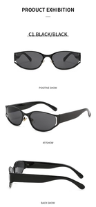 Three views of black oval sunglasses with full frames and metallic nose pads in y2k style