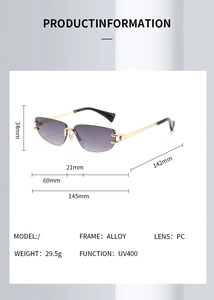 Detailed size specifications of rimless sunglasses with gradient lenses and alloy temples