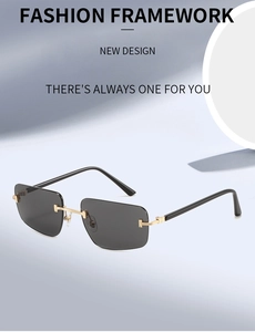 Close-up of rimless fashion sunglasses with T-shaped metal hinges and dark grey lenses