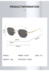 Spécifications détaillées des lunettes de soleil hexagonales sans monture dorées