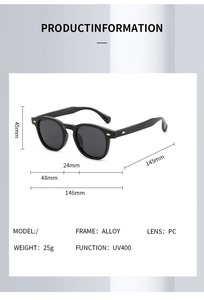 Detailed size specifications for UV400 protective round frame retro sunglasses
