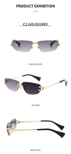 Frameless narrow rectangle sunglasses with gold frame and grey gradient lenses from multiple angles