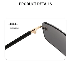 Detail of premium gold metal hinge and mirror axis on rimless sunglasses