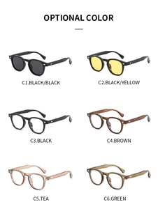 Retro round frame sunglasses collection showing six optional colors with silver rivets