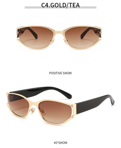 Front and 45-degree angle view of futuristic gold oval sunglasses with tea gradient lenses