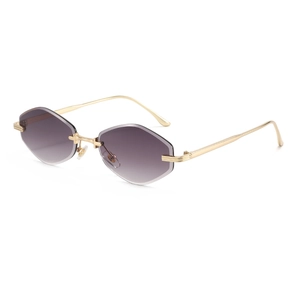 Fashion rimless sunglasses for women with purple gradient hexagonal cut lenses and gold frame