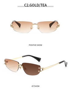 Dual view of rimless oval sunglasses with tea gradient lenses and gold C-shaped hinges