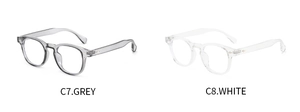Detail view of transparent grey and clear round frames with metallic rivet hinges