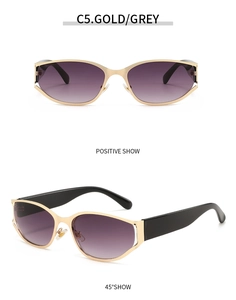 Front and 45-degree views of oval gold metal sunglasses with purple gradient lenses