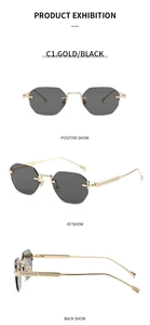 Vues détaillées multi-angles de lunettes de soleil hexagonales sans monture avec branches en métal doré