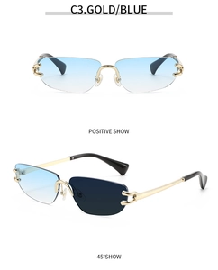Front and 45-degree side view of rimless sunglasses with gold metal frame and blue lenses
