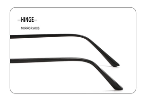 Detail view of the durable metal hinge and mirror axis on these rimless black sunglasses