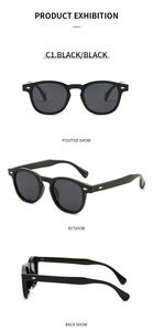 Three-way view of classic black retro sunglasses with silver diamond metal rivets