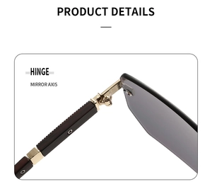 Detail of premium metal hinge and wood grain temples on rimless square sunglasses