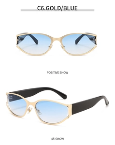 Macro detail of futuristic gold semi-rimless sunglasses with blue gradient lenses